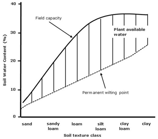 Generalized relationship between soil texture classes and plant available water holding capacity.
