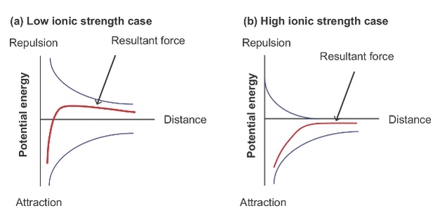 Combined forces acting on two interacting particles in a low ionic strength medium.