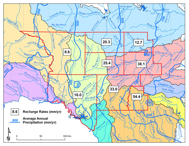 Recharge rates by county calculated for river watershed basins.