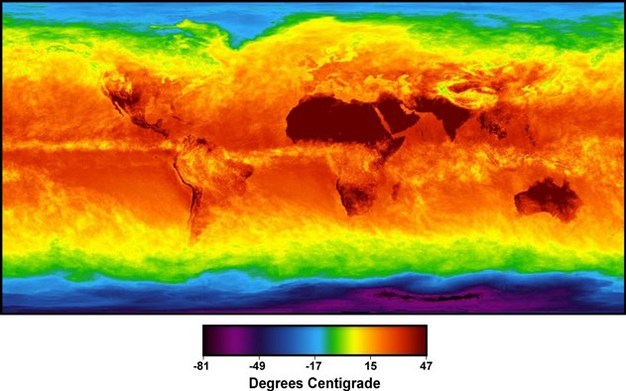 Earth surface temperatures as seen from emitted infrared radiation.