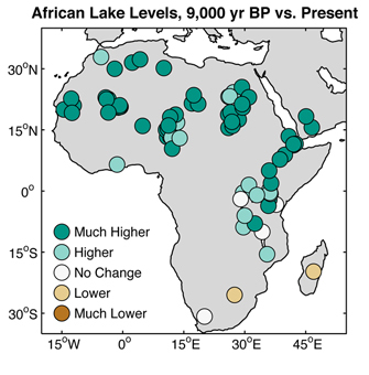Distribution map of reconstructed lake levels across Africa, 9,000 years ago relative to today.