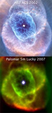 The Cat’s Eye Nebula, snapped by Hubble (top) and the Lucky camera (bottom)