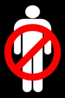 An illustration shows a schematized human figure against a black background. A red circle with a diagonal line through it is stamped across the human figure to express that the figure is prohibited.
