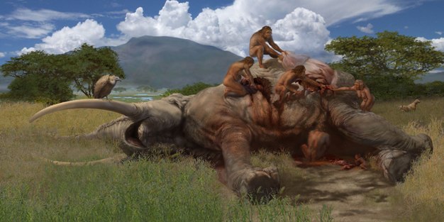 A reconstruction of an elephant butchery by <i>Homo erectus</i> nearly 1 million years ago at Olorgesailie, Kenya.